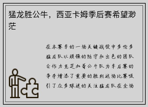 猛龙胜公牛，西亚卡姆季后赛希望渺茫